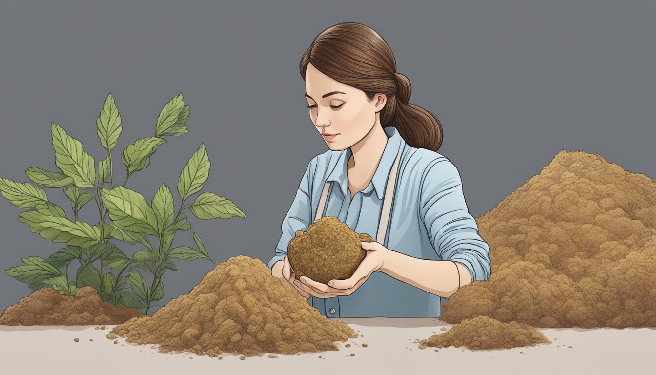 A woman holding a maca root and looking at it with curiosity