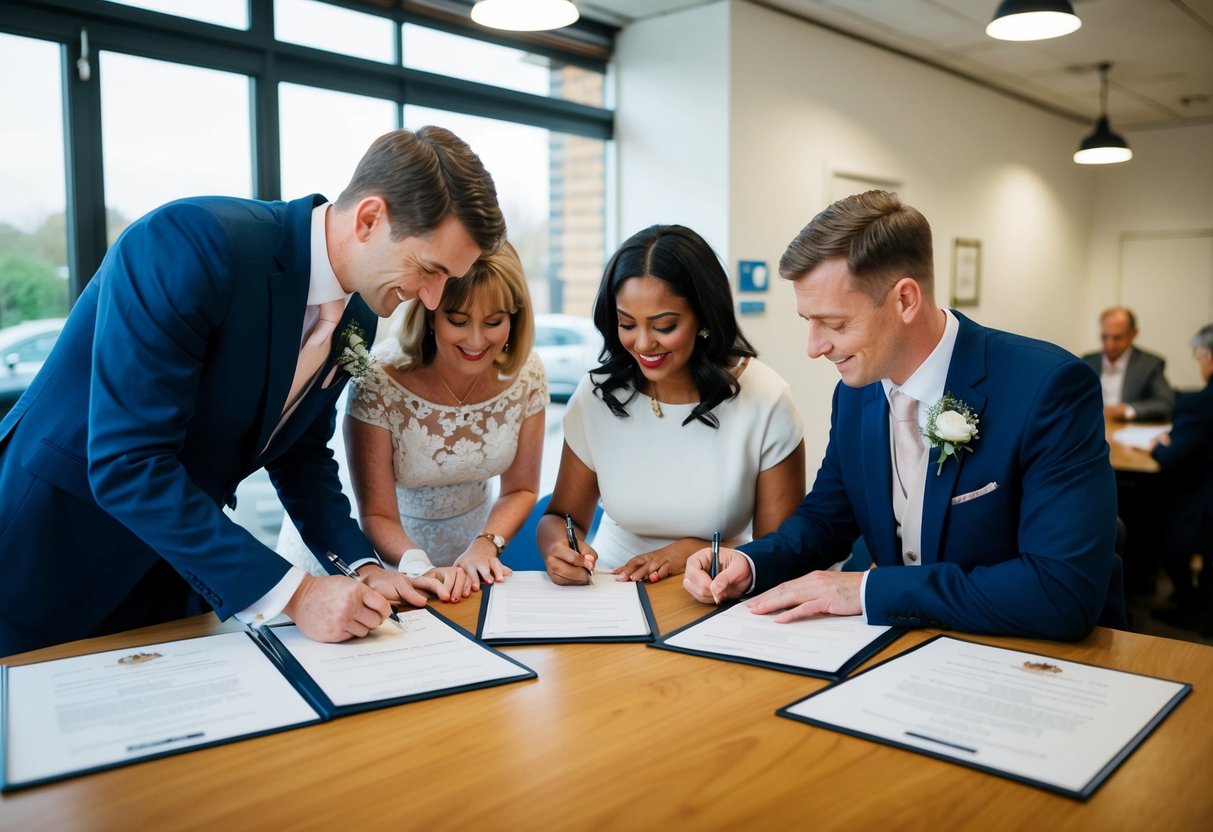 A couple and their parents signing marriage documents at a registration office in the UK