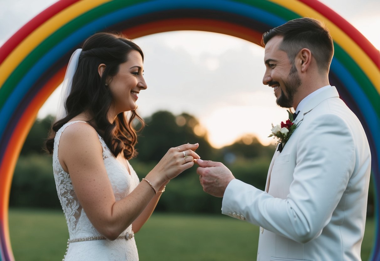 A same-sex couple exchanging wedding rings under a rainbow archway
