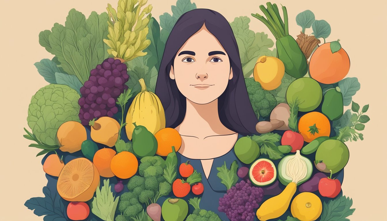 A person holding a maca root in one hand and a questioning expression on their face, surrounded by various fruits and vegetables