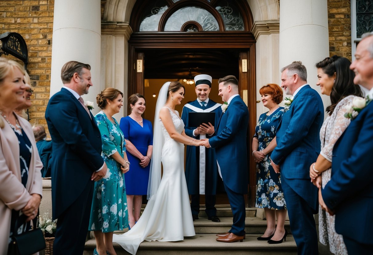 A couple stands before a registrar, surrounded by their friends and family, as they witness the marriage registration in the UK