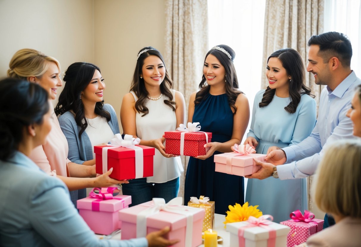 A group of people gathered at a bridal shower, presenting gifts to the bride-to-be