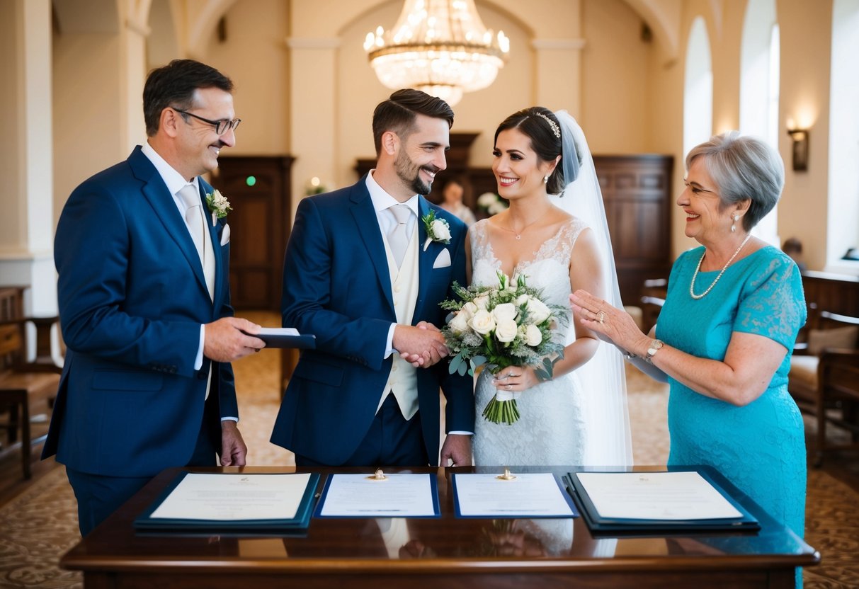 A bride and groom stand at a registration desk with their parents as witnesses, surrounded by official documents and a celebratory atmosphere