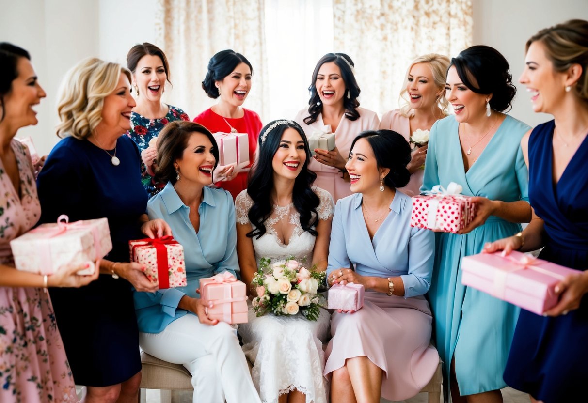 A group of women gathered at a bridal shower, some holding beautifully wrapped gifts while others chat and laugh. The bride-to-be sits in the center, surrounded by love and anticipation