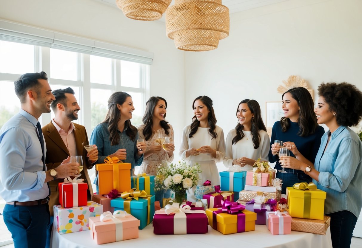 A group of friends gather in a bright, airy room, chatting and laughing as they celebrate the upcoming wedding. A table is adorned with gifts and decorations, creating a warm and joyful atmosphere