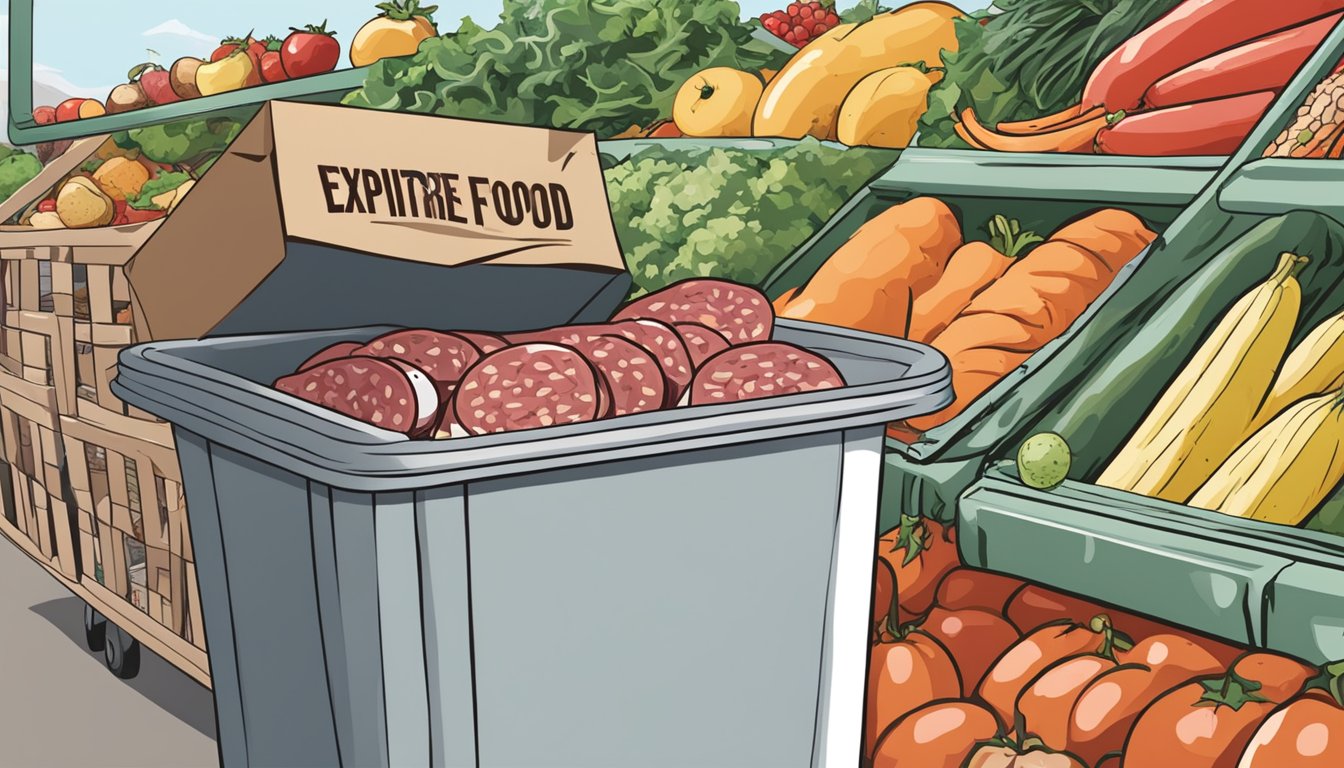 A package of expired salami being thrown into a trash can labeled "Expired Food" next to a stack of fresh produce