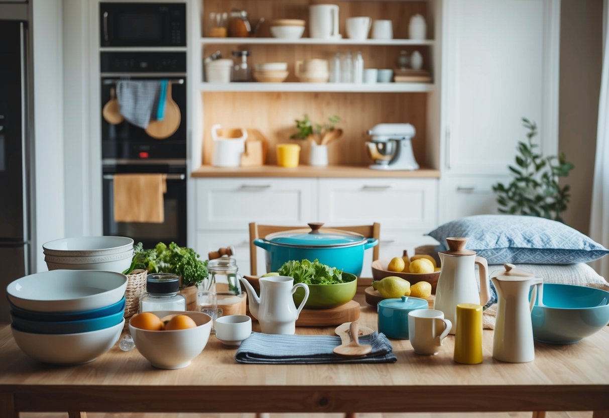 A table with various household items, from kitchenware to bedding, arranged neatly