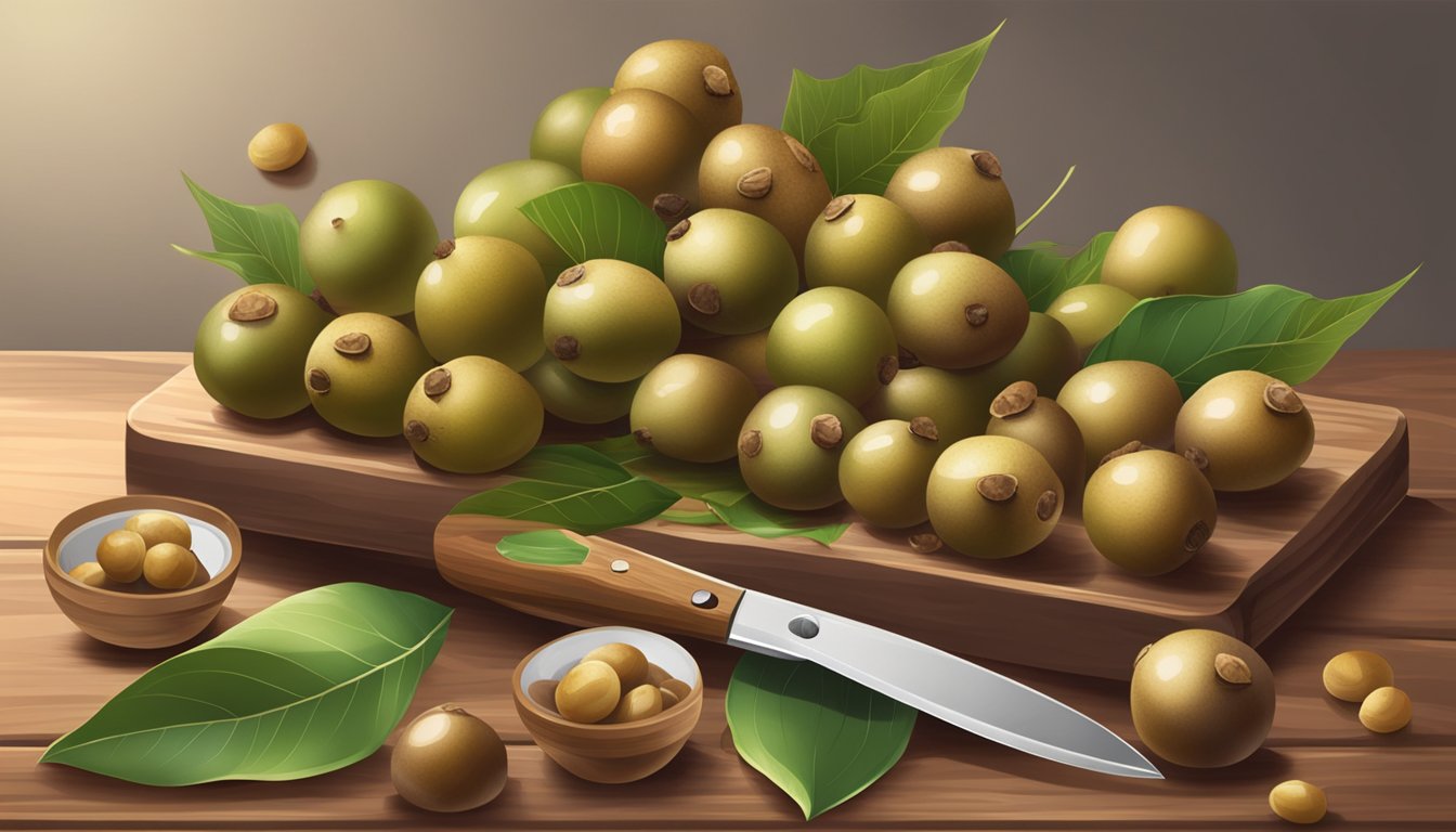 A pile of fresh longan fruits arranged on a wooden cutting board, surrounded by scattered leaves and a small knife