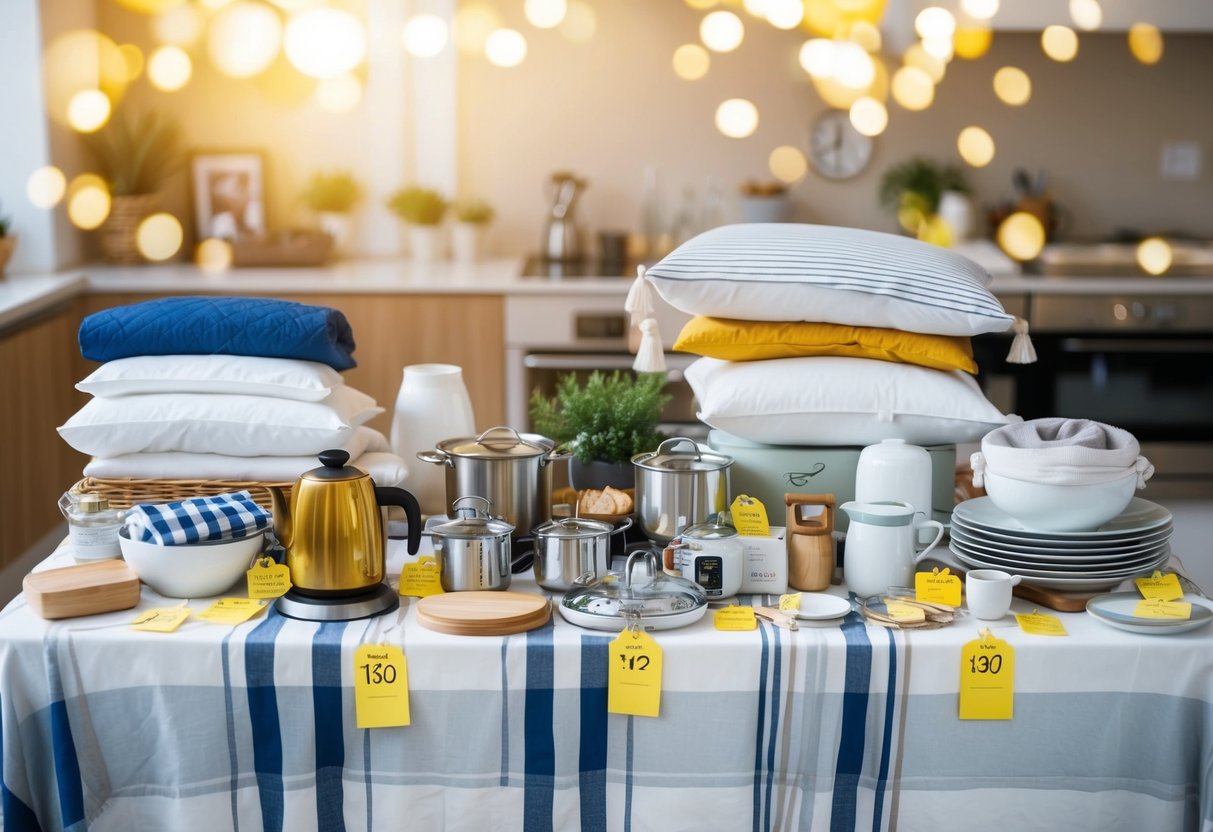 A table covered with various household items, such as kitchenware, bedding, and decor. Items are neatly arranged and labeled with price tags