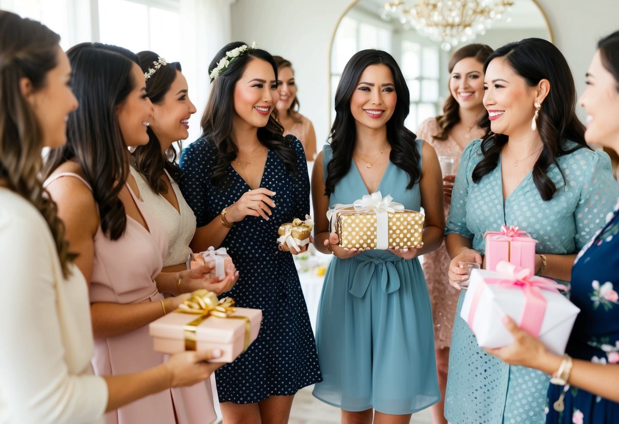 A group of women chatting at a bridal shower, some holding wrapped gifts while others mingle without presents