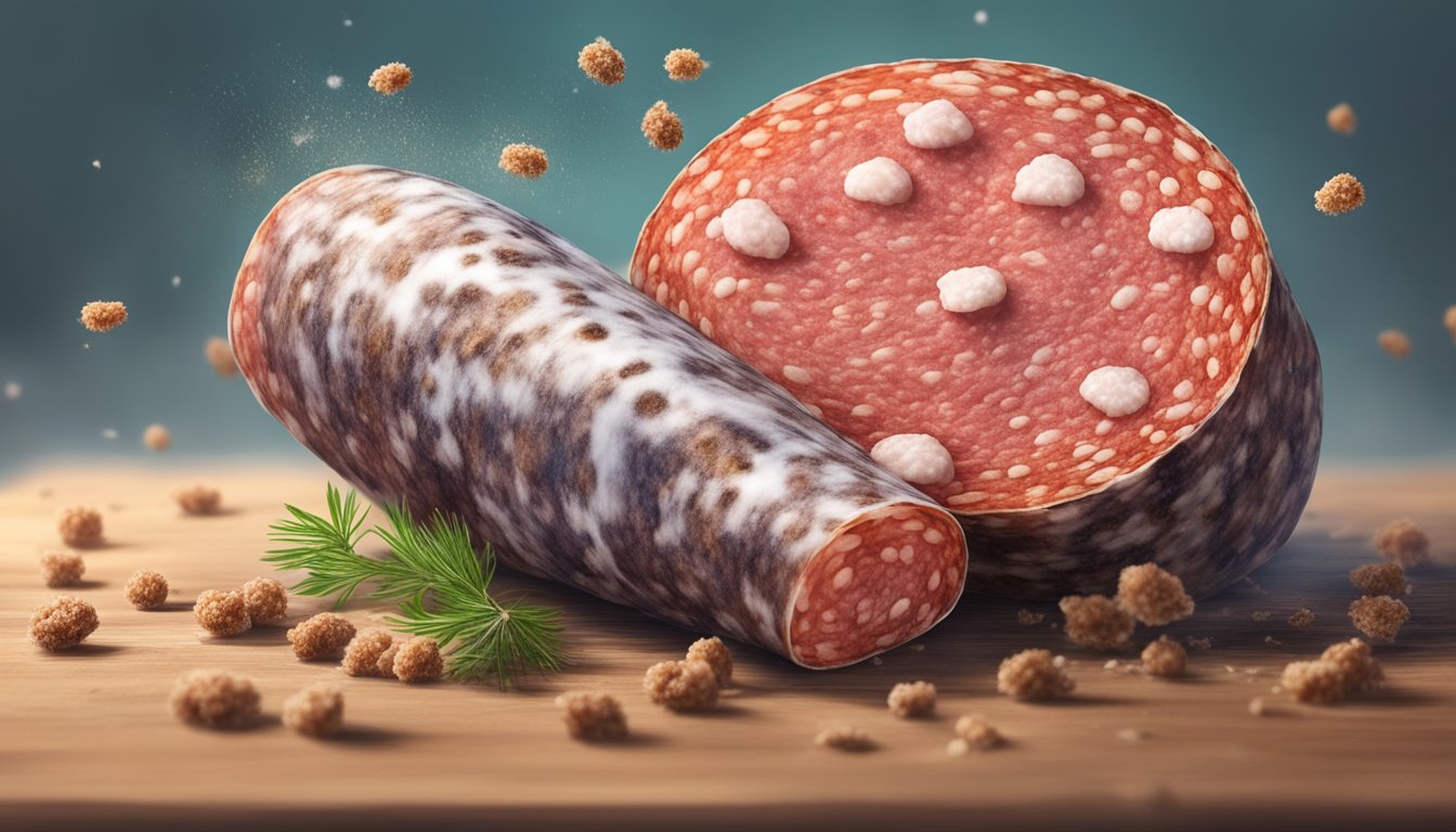 A piece of spoiled salami with mold growing on it, surrounded by a pungent odor and flies buzzing around