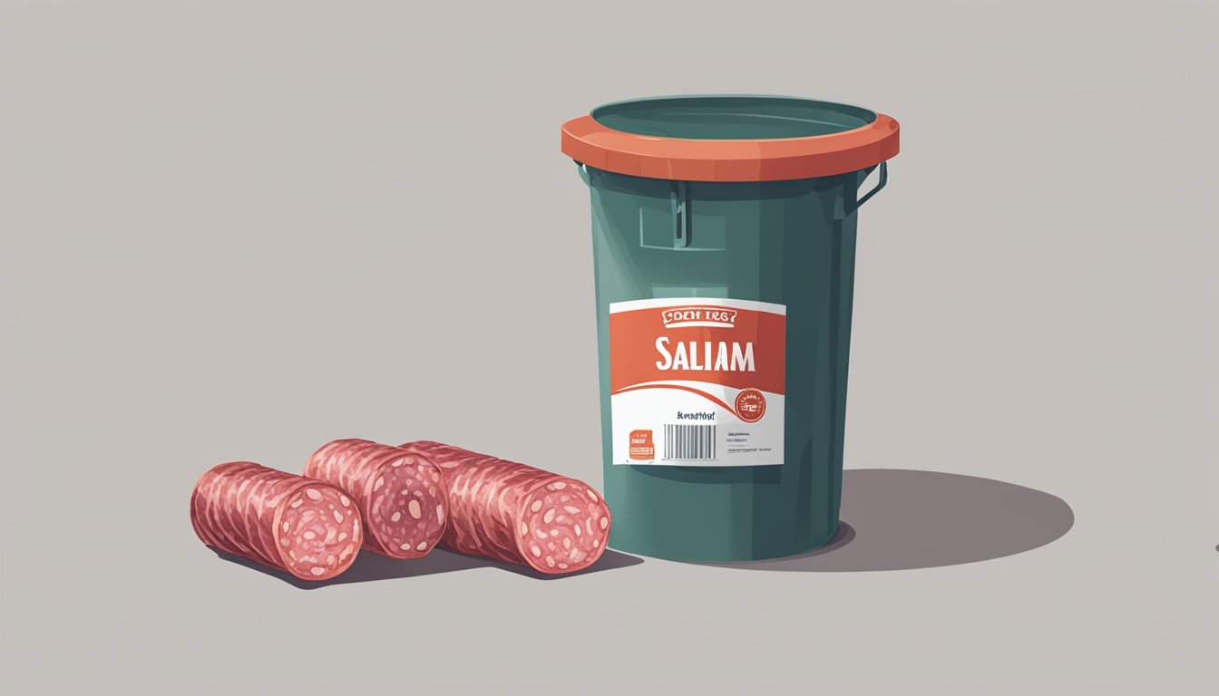 A package of expired salami next to a trash can