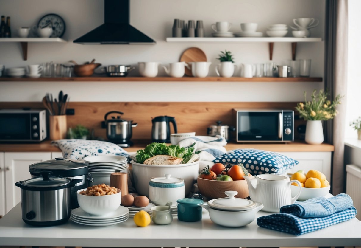 A table filled with various household items: kitchen appliances, dinnerware, bedding, and decor