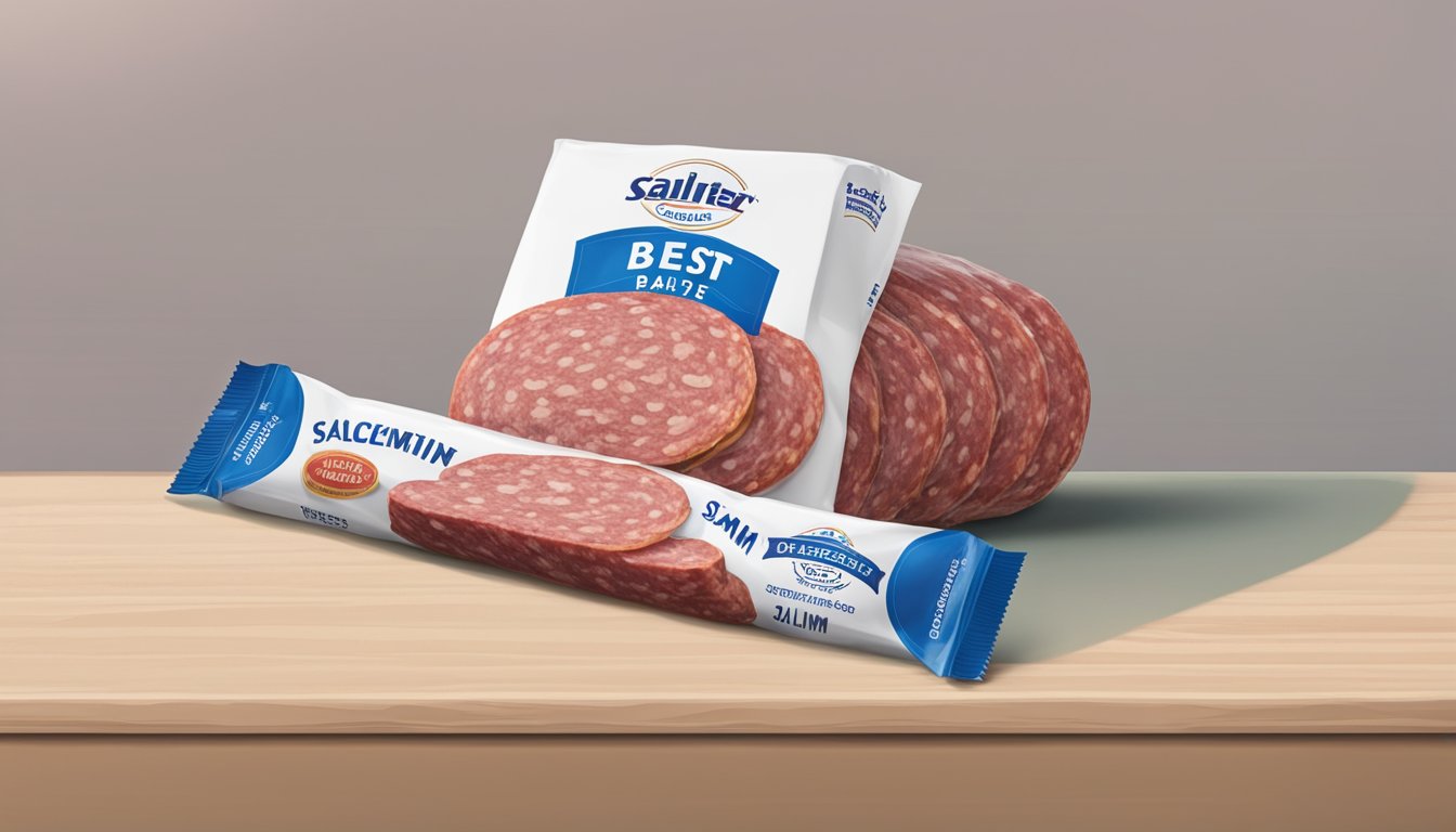 A sealed package of expired salami next to a "best by" date on a counter