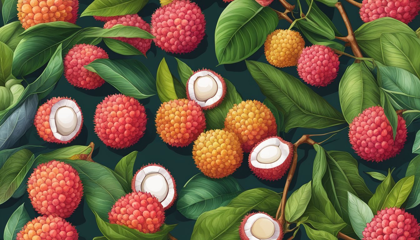 A colorful array of fresh lychee fruit with leaves and stems, surrounded by a variety of other fruits and a nutrition label