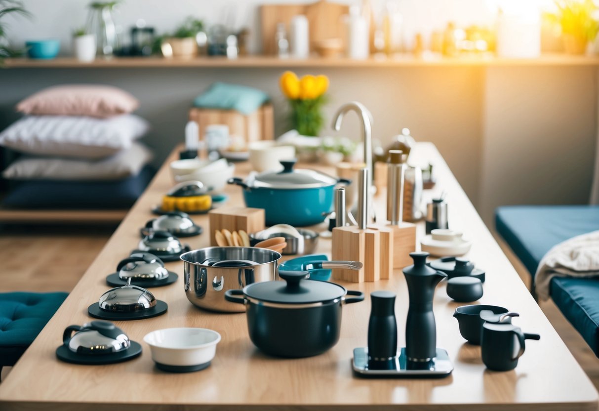 A table with various household items, from kitchen gadgets to bedding, displayed neatly in rows and columns