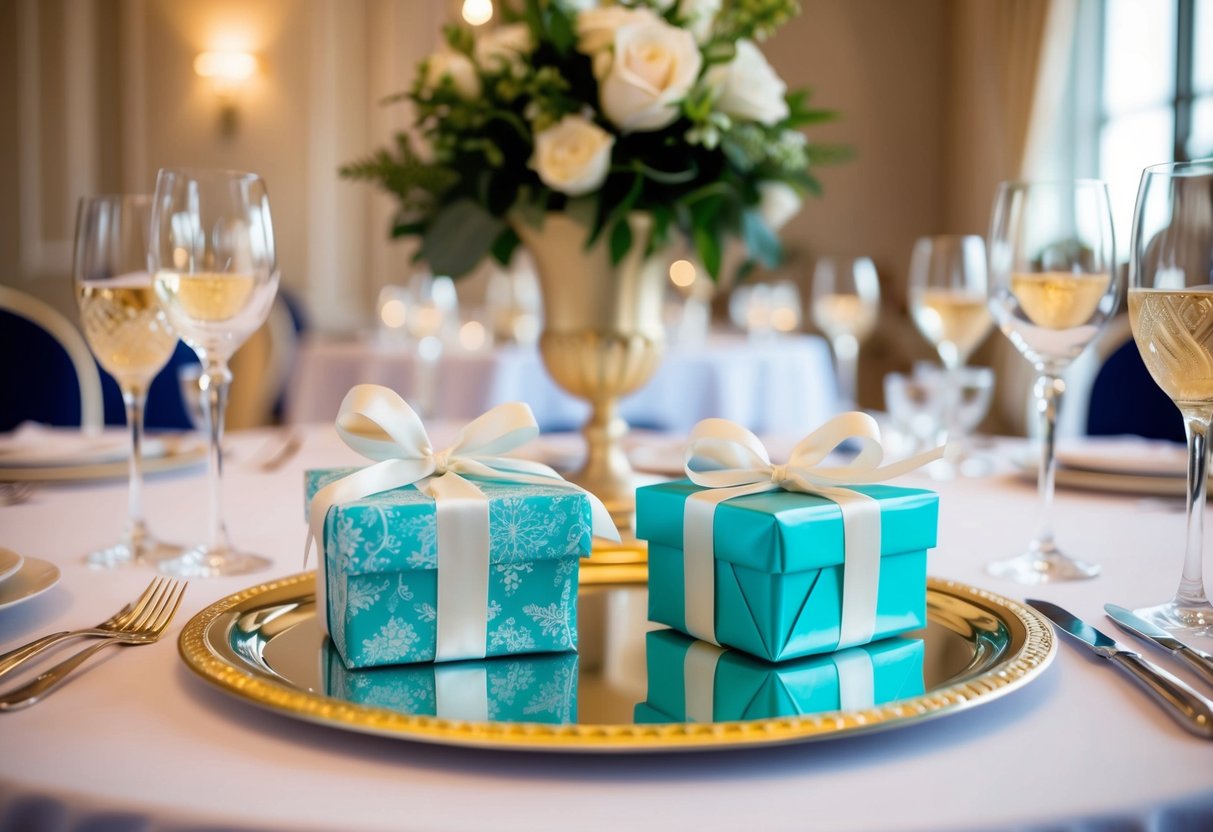 A table set with two beautifully wrapped gifts, one for the bride and one for the groom, surrounded by elegant decorations