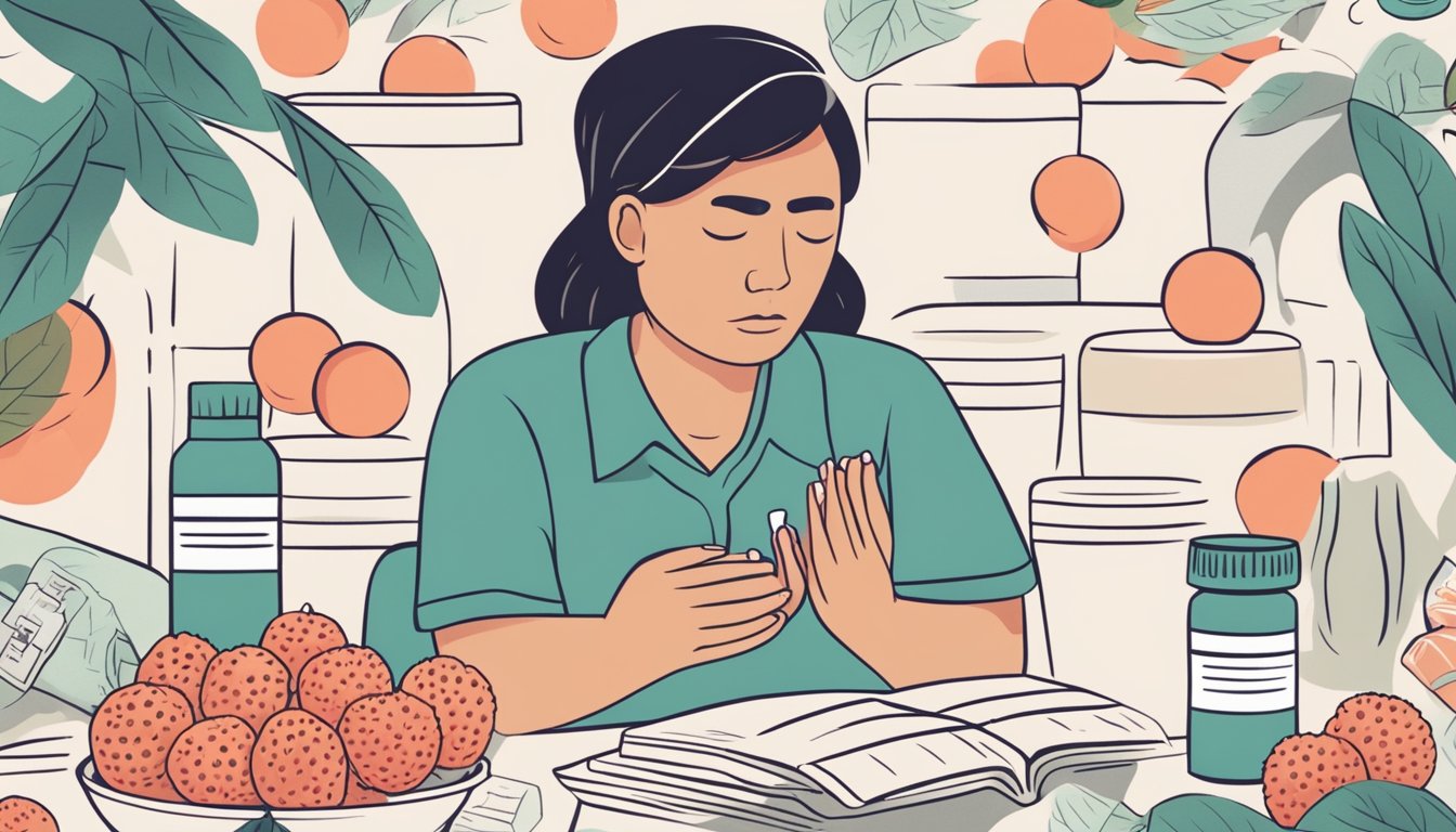 A person holding a lychee with a worried expression, surrounded by various allergy medication and a list of potential adverse effects