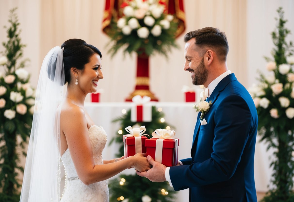 A bride and groom exchanging gifts in front of a decorated wedding altar