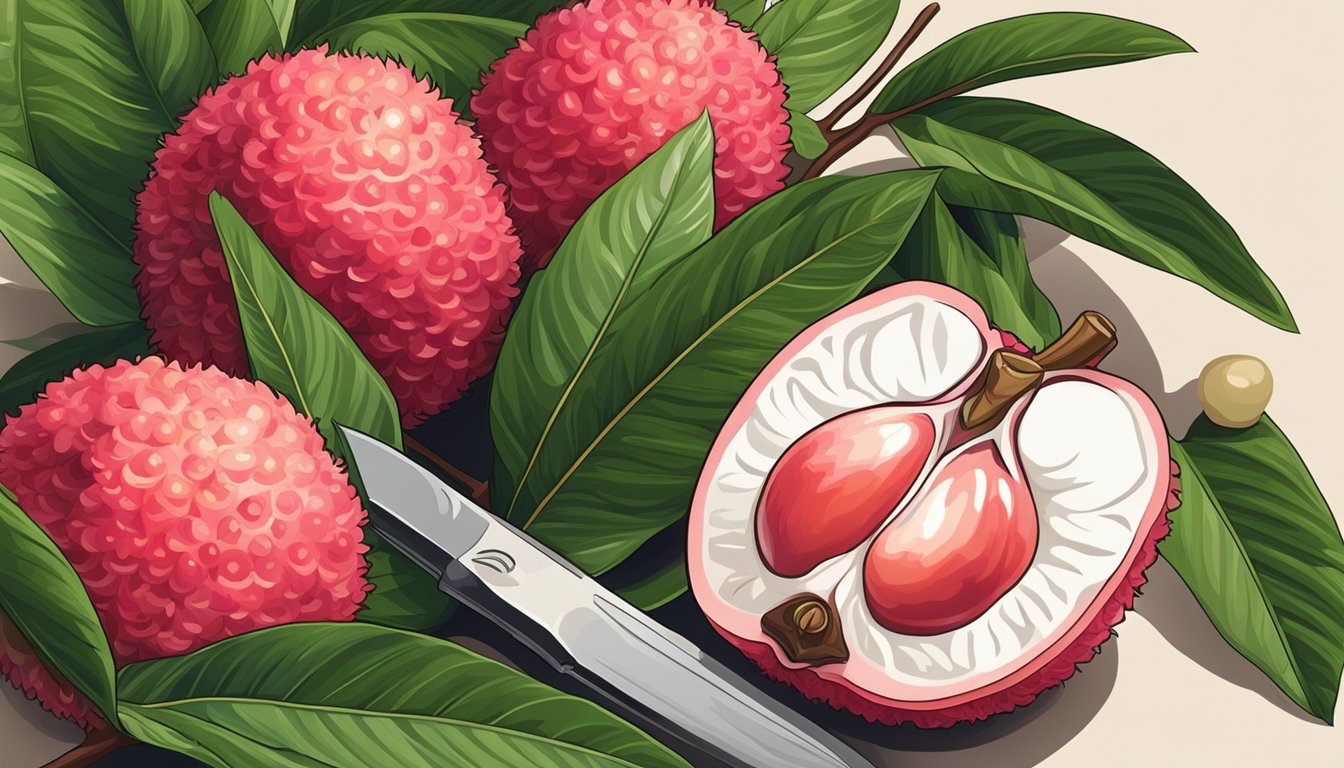 A ripe lychee fruit surrounded by lush green leaves, with a knife and cutting board nearby