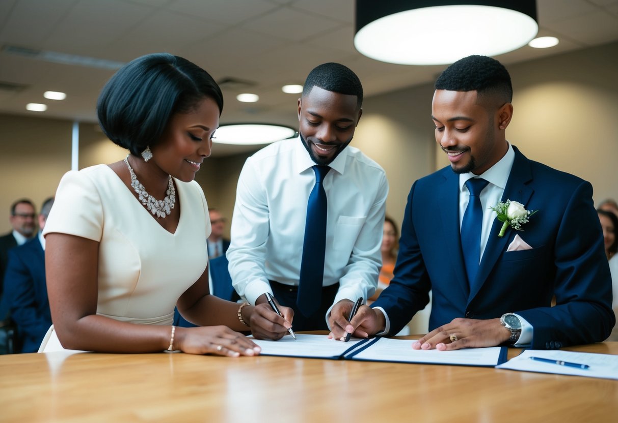 A couple standing before a registrar with two witnesses, signing the marriage certificate