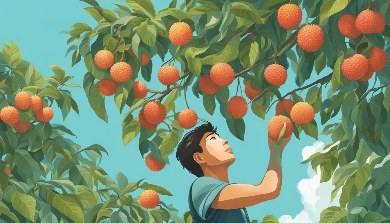 A person picking fresh lychee fruit from a tree in a lush, green orchard, with a clear blue sky overhead