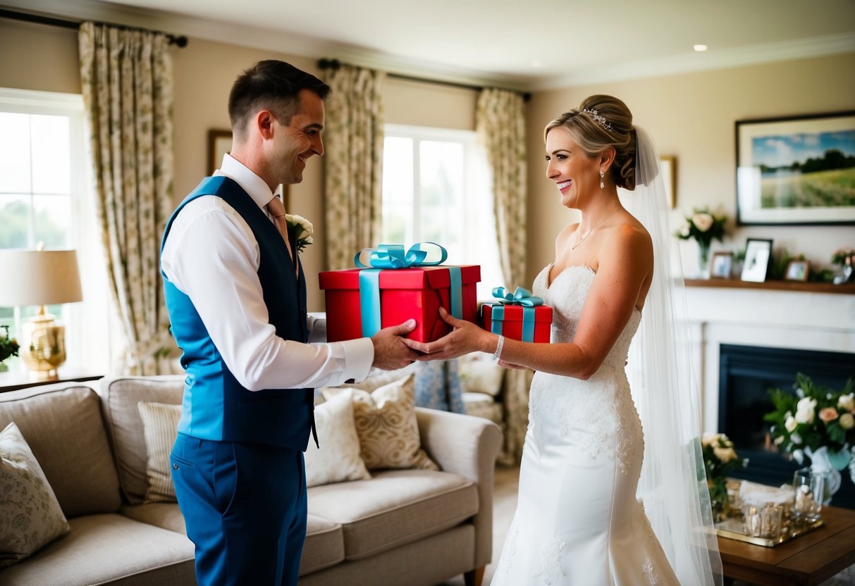 A bride and groom exchange gifts in a cozy living room adorned with wedding memorabilia