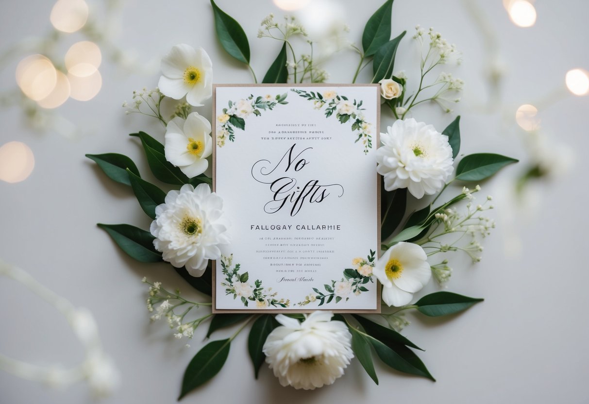 A beautifully decorated wedding invitation surrounded by delicate flowers and leaves, with a small note indicating "no gifts" in elegant calligraphy