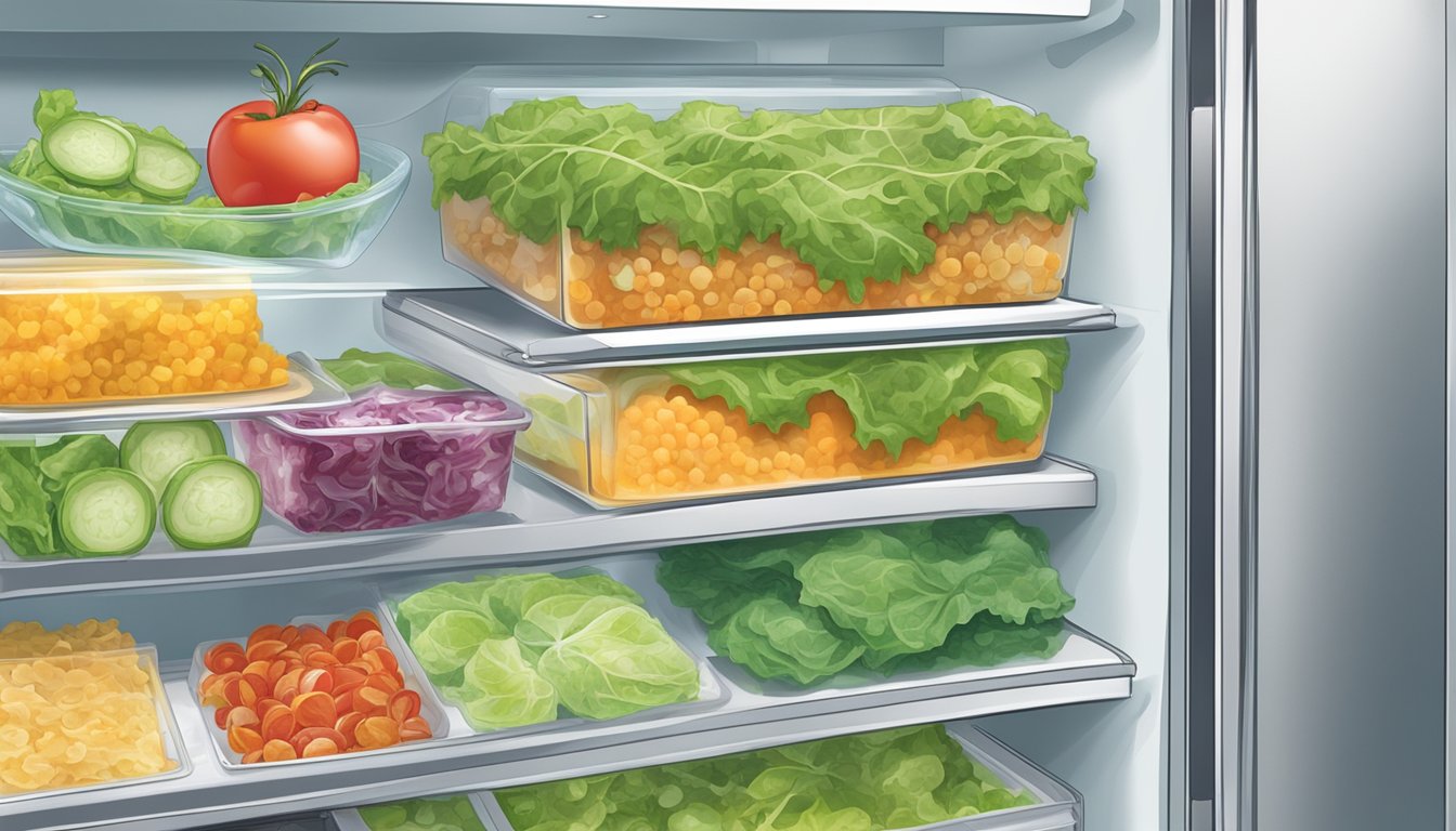 A refrigerator filled with expired salad toppers, with visible signs of spoilage and mold growth