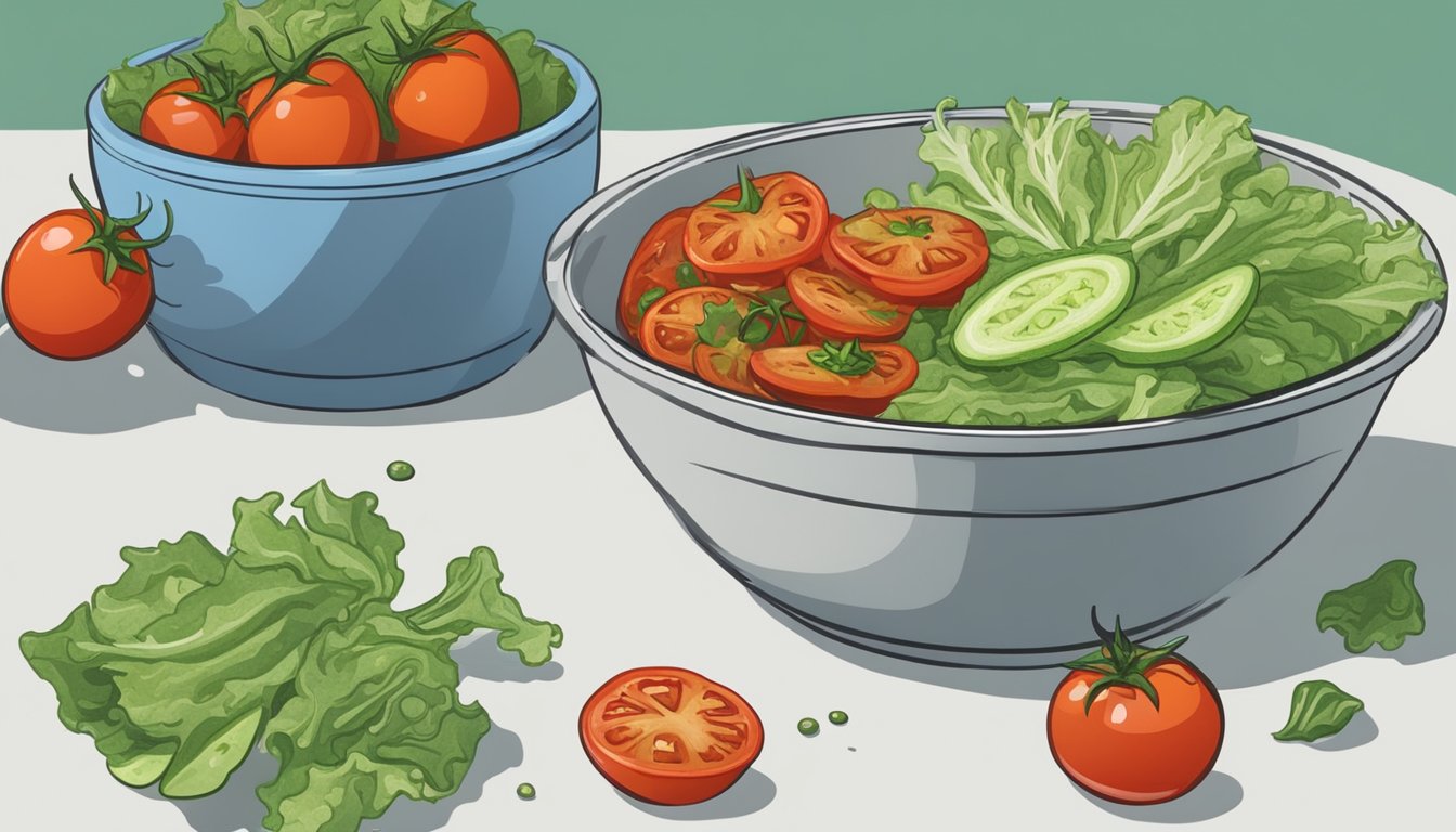 A bowl of wilted lettuce with moldy tomatoes and slimy cucumbers. An expired container of salad toppings sits nearby with visible signs of spoilage