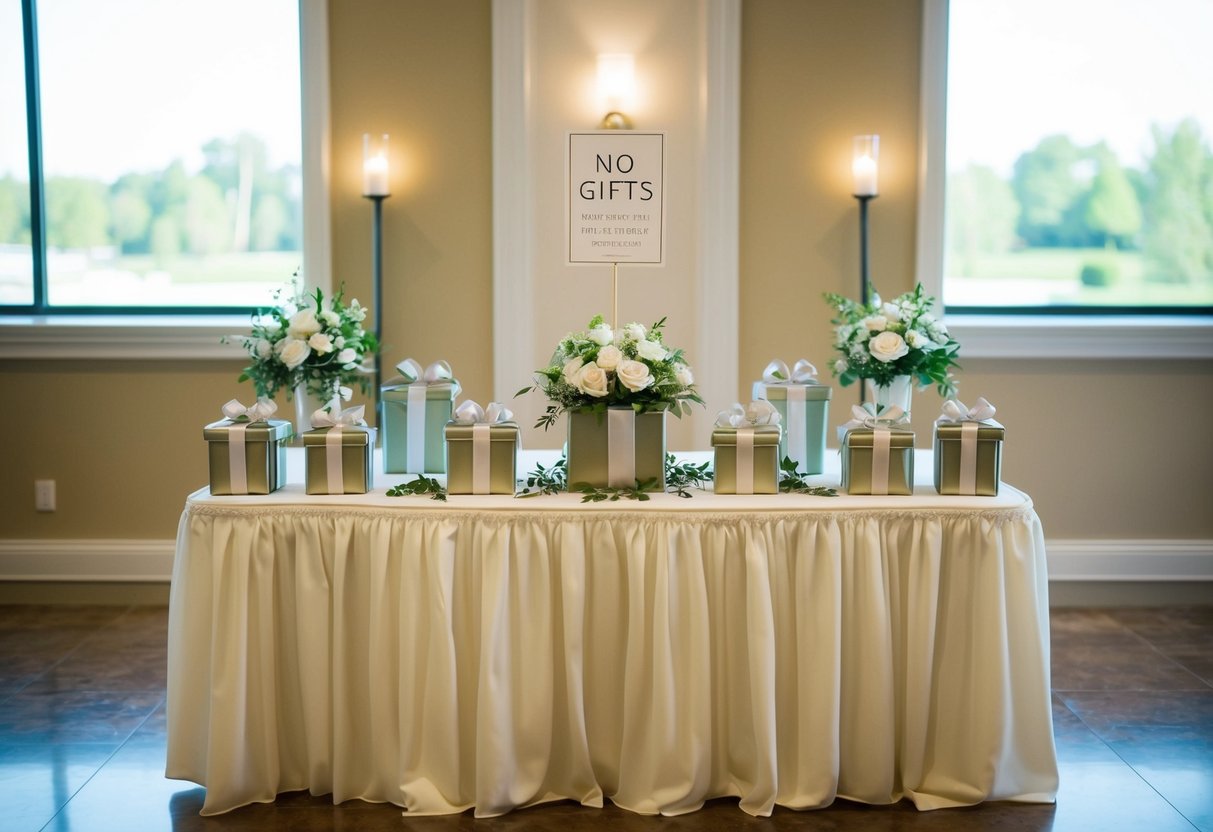 A beautifully decorated gift table sits empty at the reception, with a sign politely requesting no gifts