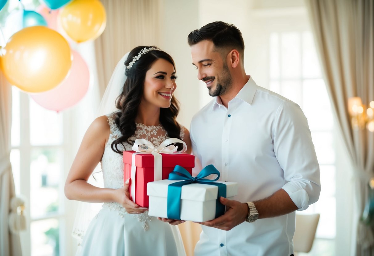 A couple receives gifts at their wedding shower