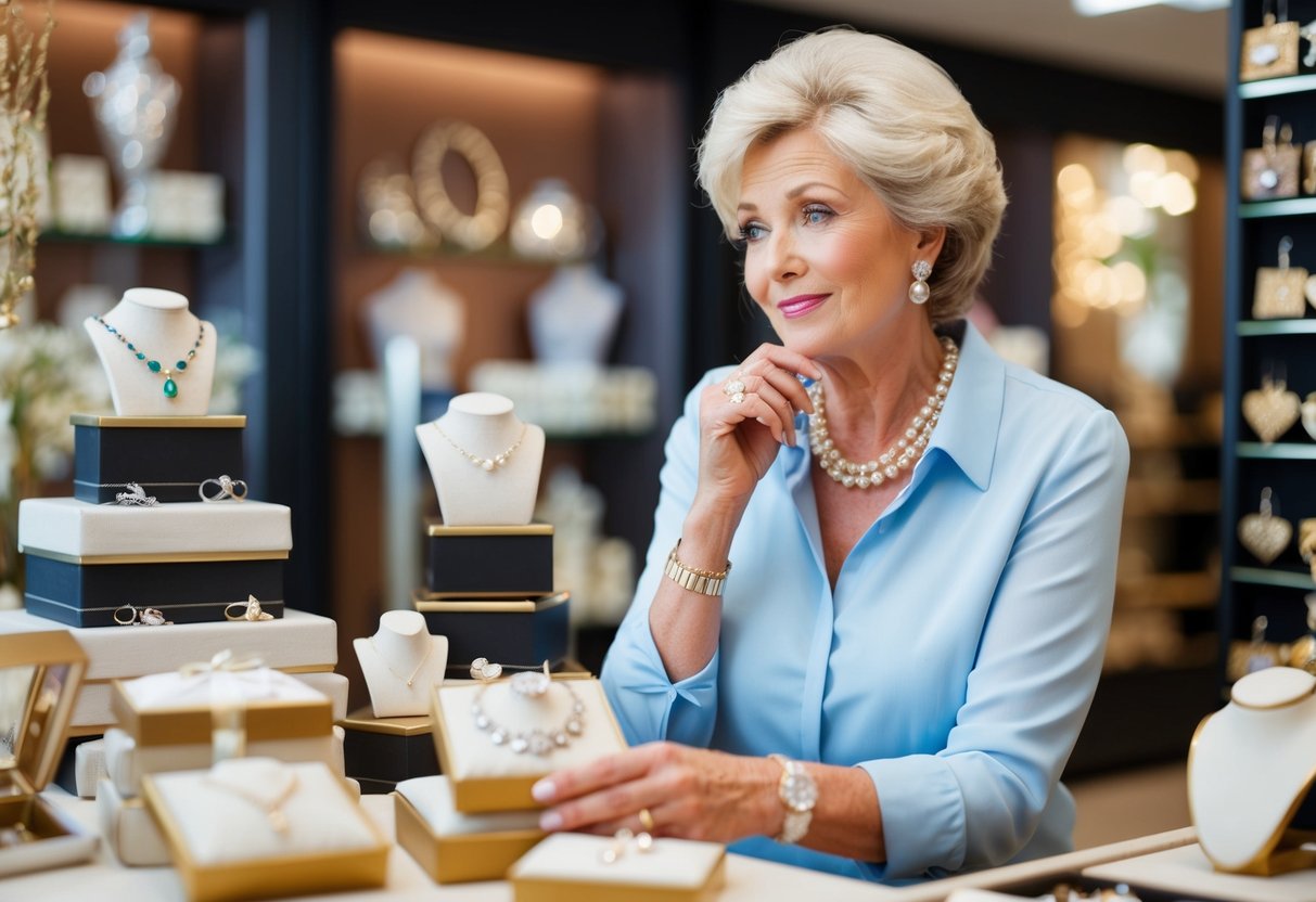 A woman browsing a selection of elegant gifts at a jewelry store, with a thoughtful expression as she considers the perfect present for her son's future wife