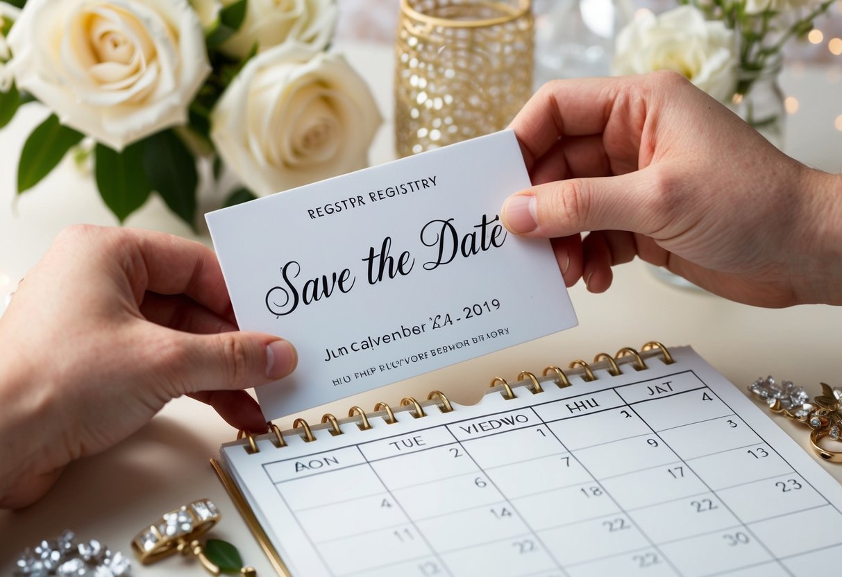 A couple placing a "Save the Date" card with registry information on a calendar, surrounded by wedding-themed decorations