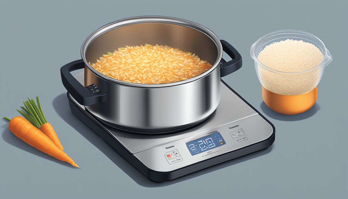 A pot of Uncle Ben's Ready Rice on a stovetop with a timer set for the recommended cooking time