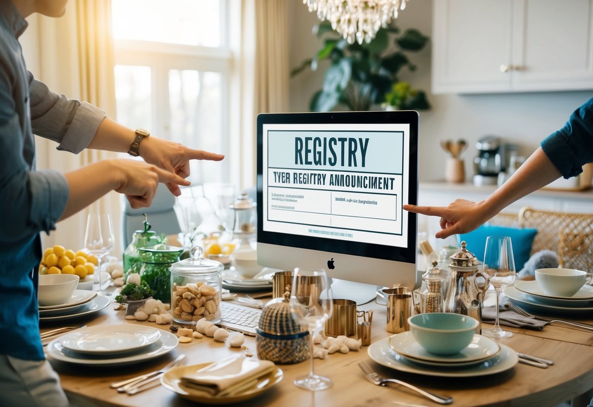 A table adorned with various kitchenware, home decor, and luxury items. A couple's hands pointing to the registry announcement on a computer screen