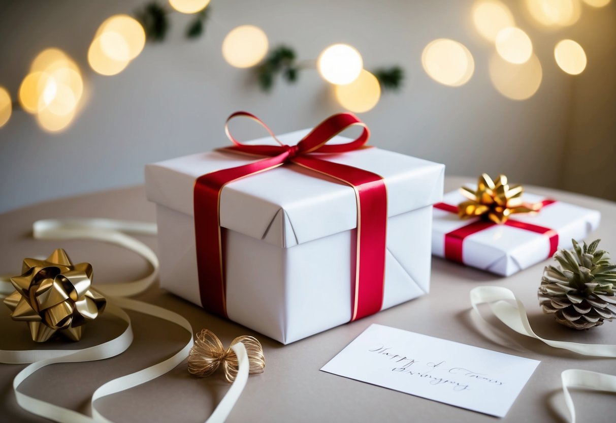 A beautifully wrapped gift box on a table, surrounded by elegant wrapping paper, ribbons, and a handwritten card