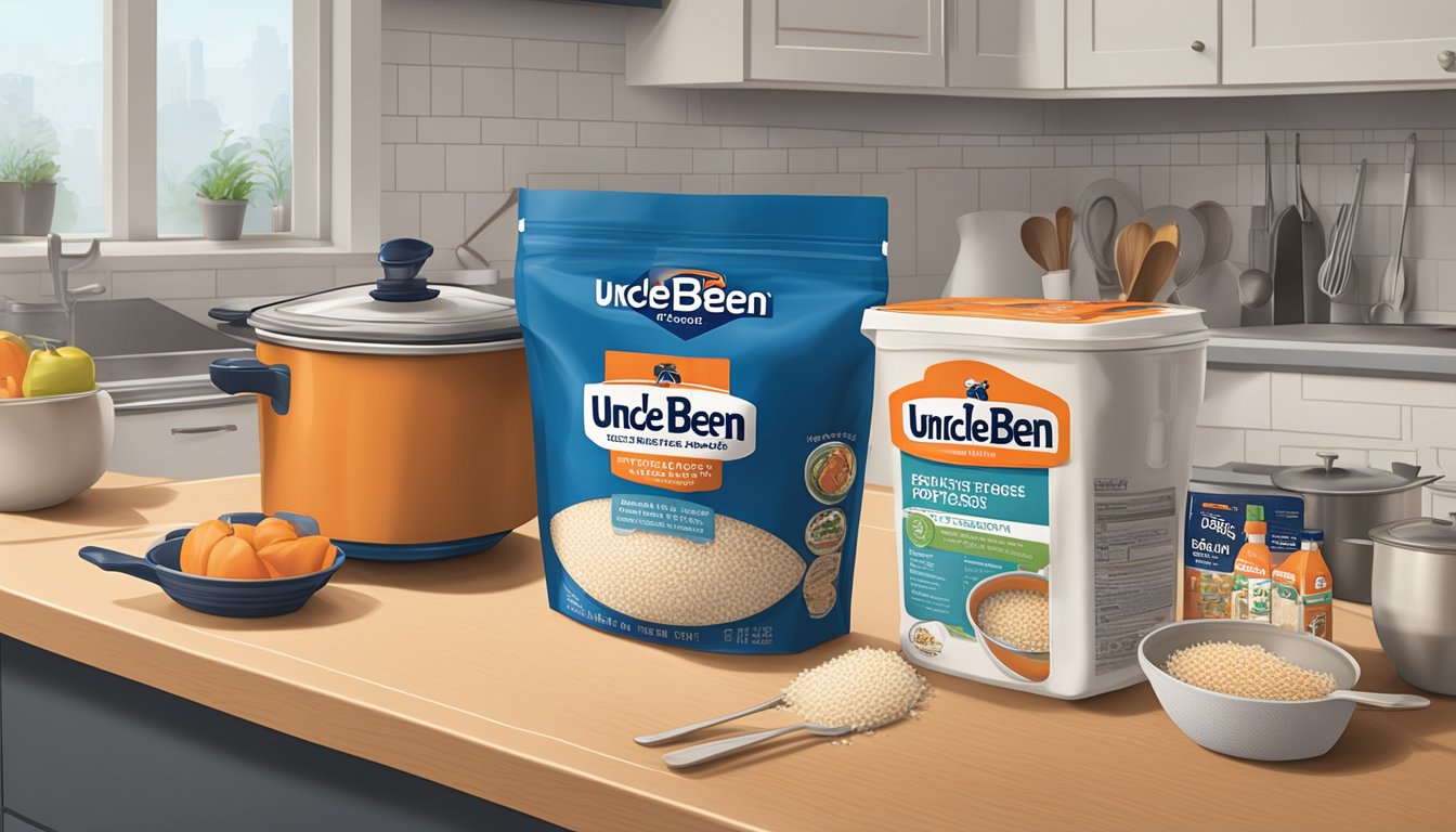 A kitchen scene with a bag of Uncle Ben's Ready Rice next to a pot on the stove. The bag is labeled "Proper Storage Techniques."