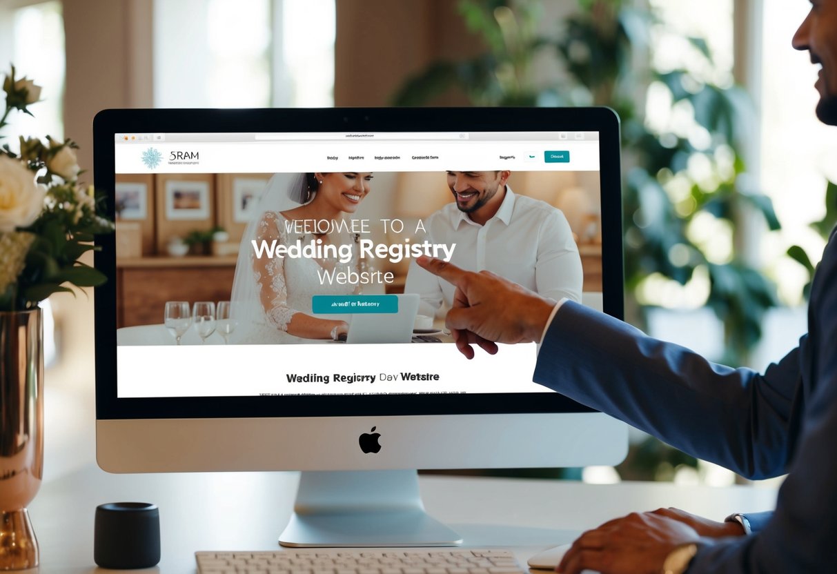 A couple pointing to a wedding registry website on a computer screen