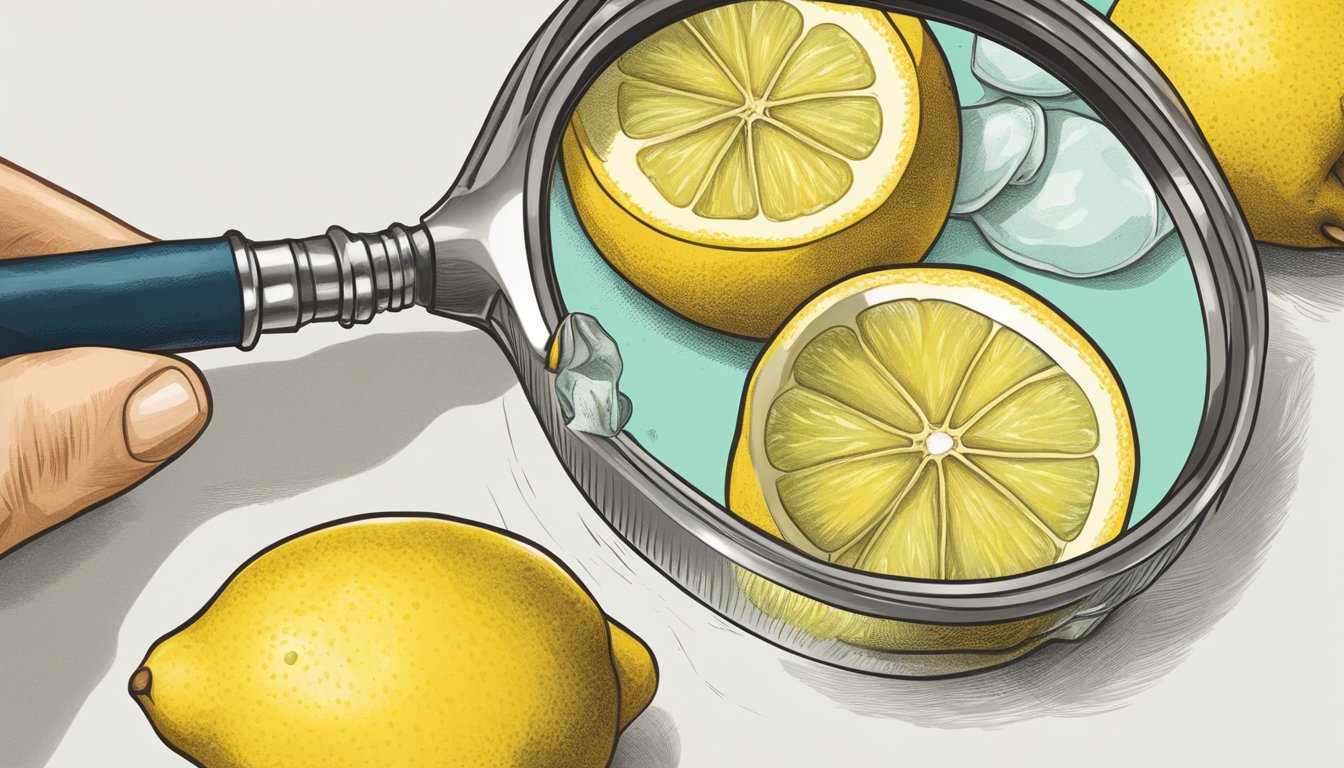 A lemon peel being carefully examined under a magnifying glass