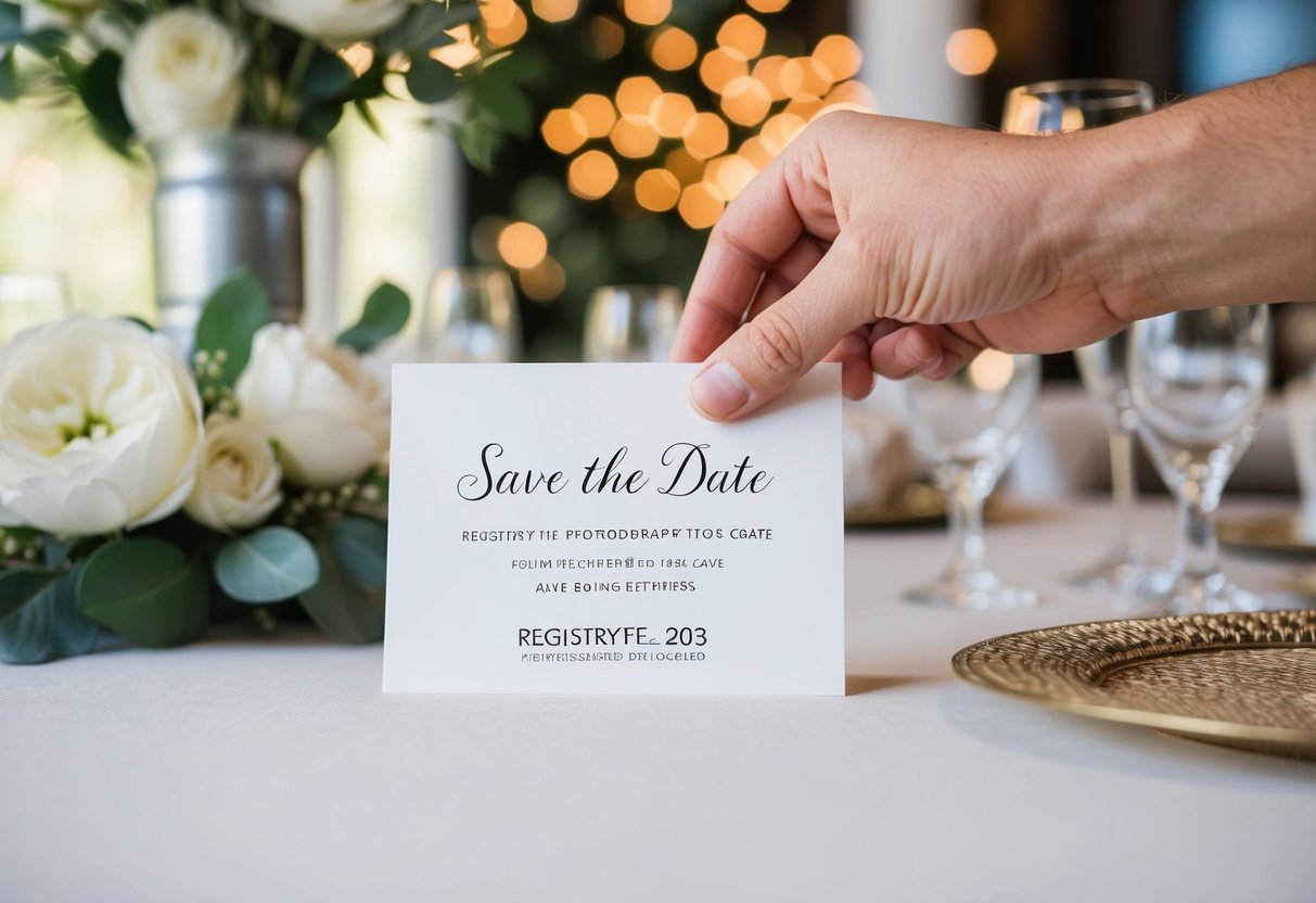 A couple placing a "Save the Date" card with registry information on a table with wedding decor