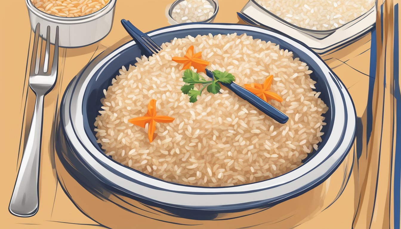 A bowl of undercooked Uncle Ben's ready rice with warning signs and a crossed-out fork