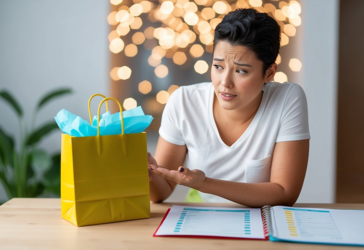 A person holding a gift bag with a puzzled expression while looking at a baby registry list