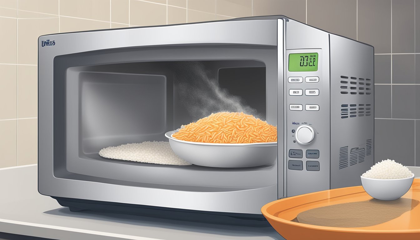 A microwave with an open bag of Uncle Ben's Ready Rice inside, steam rising from the rice as it reheats