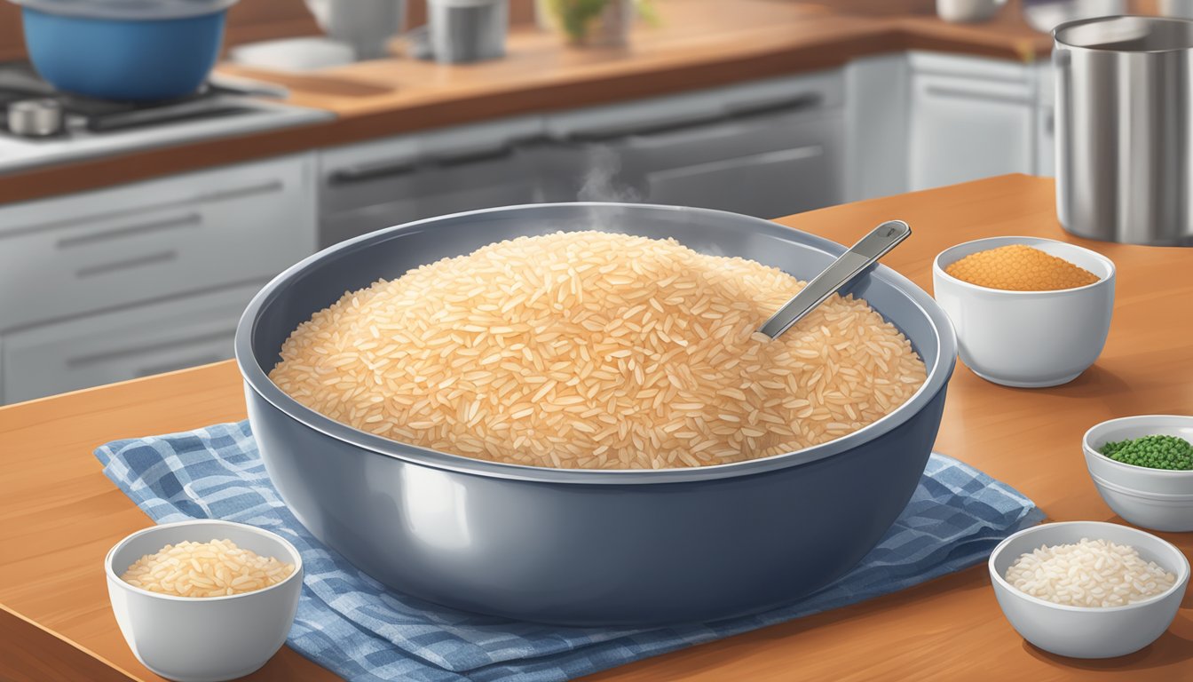 A steaming bowl of Uncle Ben's ready rice sits on a kitchen table, surrounded by measuring cups and a digital thermometer