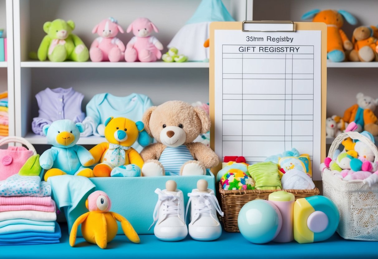 A colorful array of baby items, from plush toys to baby clothes, are displayed alongside a neatly organized gift registry