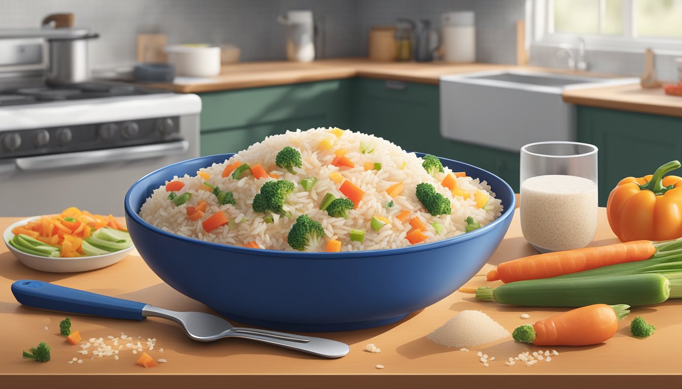 A steaming bowl of Uncle Ben's Ready Rice sits on a kitchen counter, surrounded by colorful vegetables and a fork