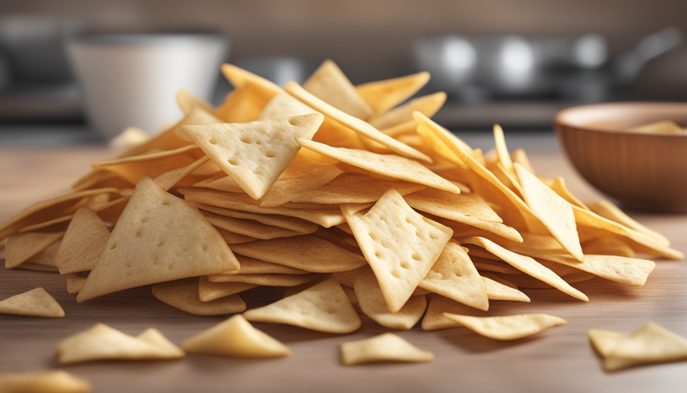 A pile of expired pita chips sits on a kitchen counter, with a faint musty smell and visible signs of staleness