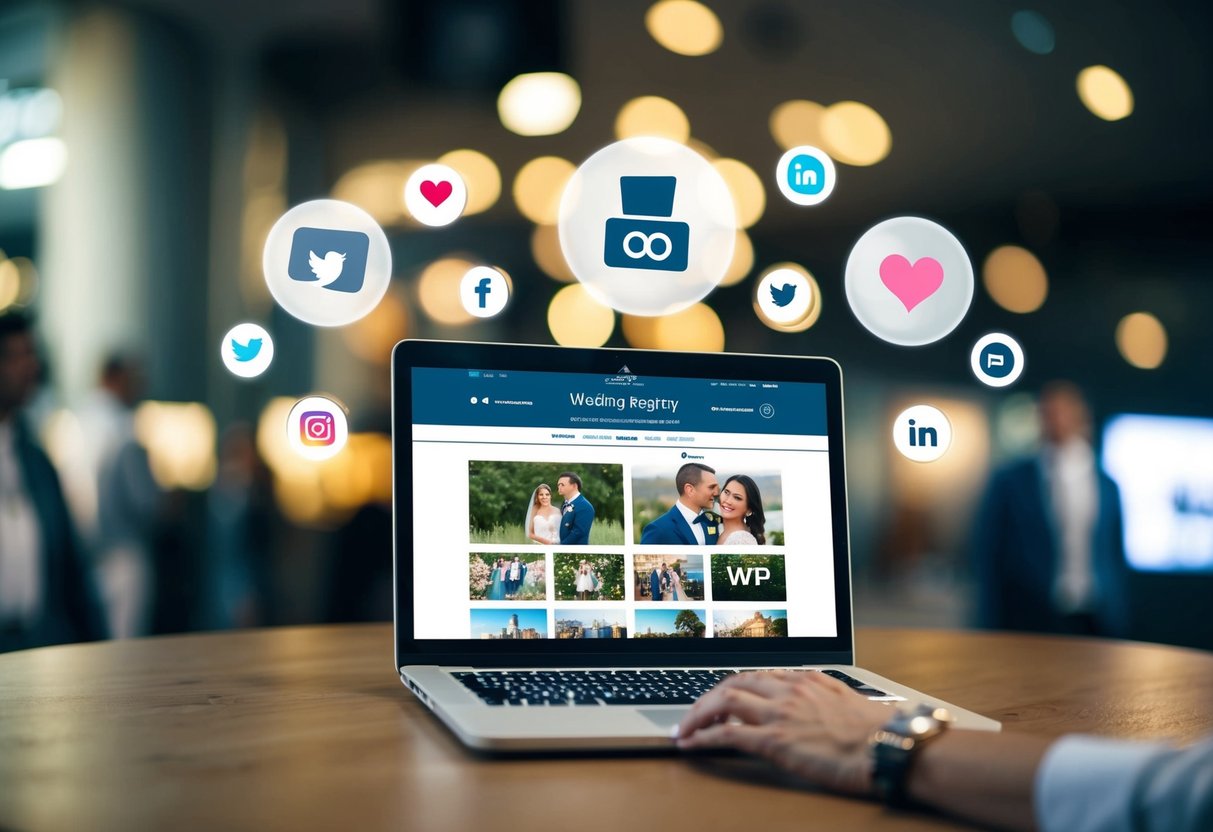 A laptop with a wedding registry website open, surrounded by social media icons and engagement photos
