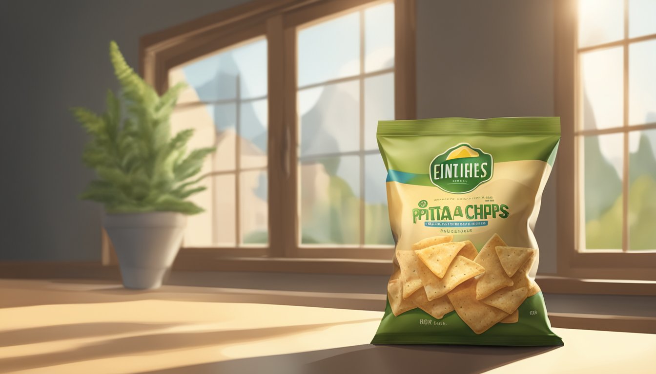 A bag of expired pita chips sits on a dusty shelf next to a window, with sunlight streaming in and casting shadows on the packaging